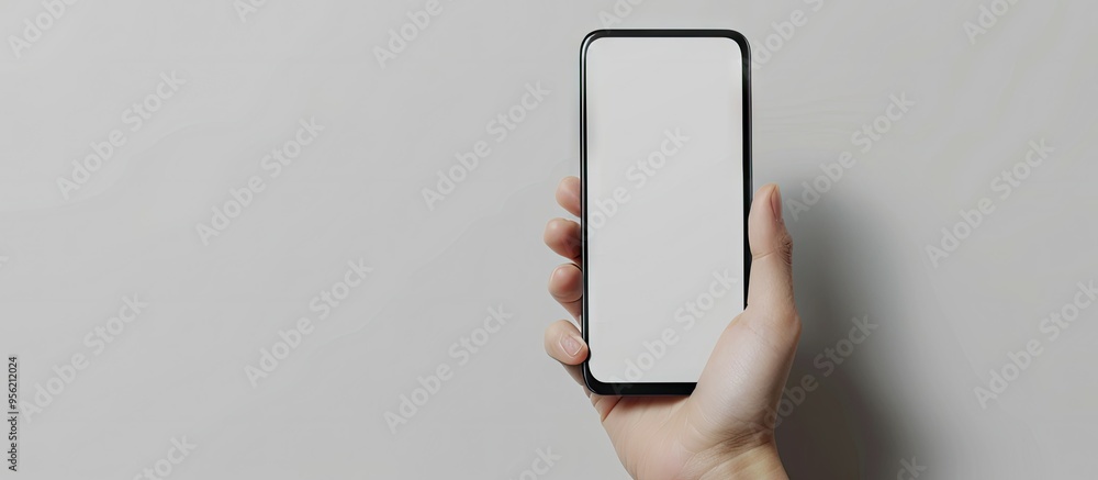 Poster a hand holding a black smartphone with a blank screen on a white background offering ample copy spac