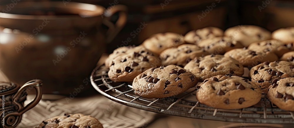 Poster a rack displaying chocolate chip cookies next to a chocolate pot with a blank space for an image. wi
