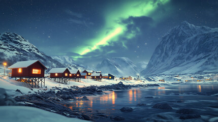 Northern Lights Over a Snowy Village in a Scandinavian Winter Landscape