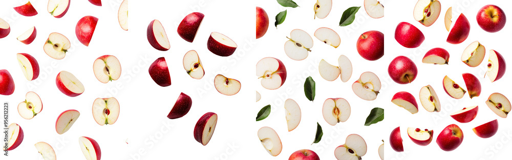 Poster An apple slice of red falling on a white background, clipped path, full depth of field