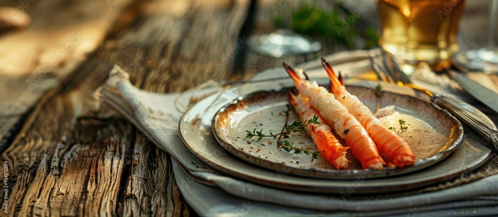 Poster appetizing rustic table setting with a fresh crab stick and cream cheese herb snack displayed offeri