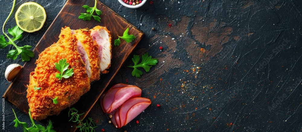 Poster rustic top view appetizer displaying a fresh natural cutlet cordon bleu with chicken ham and cheese 