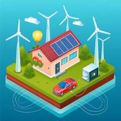 Vector illustration of a home with virtual battery energy storage, solar panels, wind turbines, and an electric car charging on a renewable off-grid system