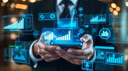Businessman Hands Using Phone with Futuristic Holograms