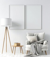 Minimalist interior design with two blank picture frames, a cozy armchair, a stylish lamp, and a coffee table. Ideal for showcasing your artwork or product designs.