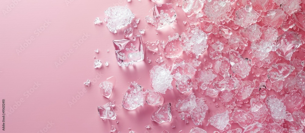 Poster top view of crushed ice on a pink background with copy space image available for text