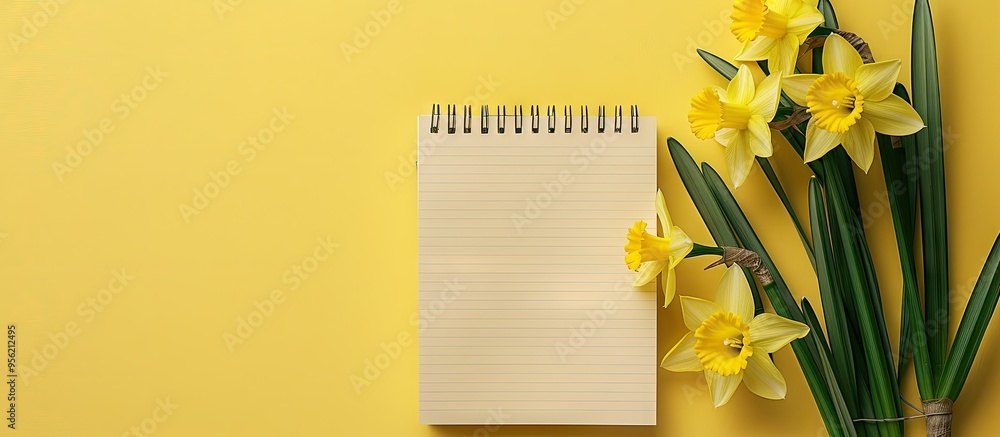 Poster spring narcissus are displayed on a light yellow background next to a blank notebook symbolizing eas