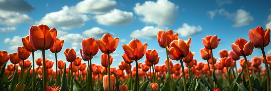 A vibrant display of orange tulips bathed in the light of a sunny day.