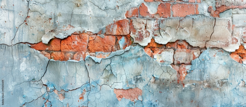 Wall mural Close up of a weathered deteriorated red brick wall on an aged structure showcasing its texture scratches and cracks Background displays a grungy effect with cracked gray blue stucco offering ample co