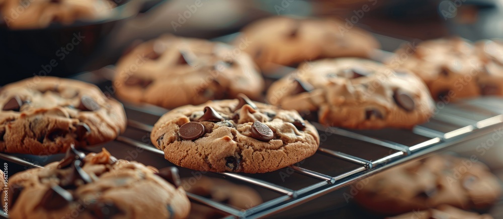 Poster chocolate chip cookies displayed on a rack with a chocolate pot in the copy space image
