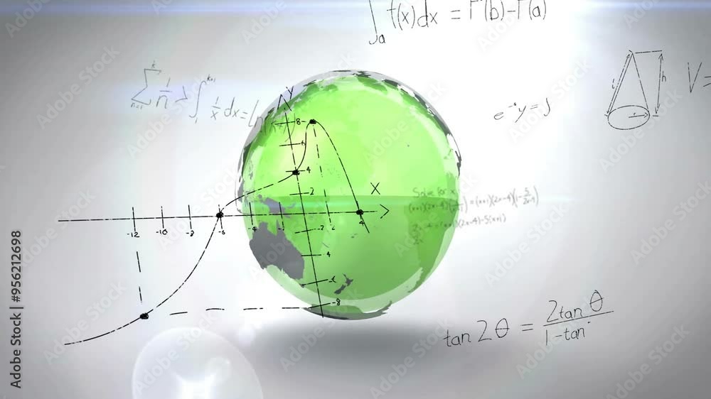 Poster mathematical equations and graphs animation over rotating green globe