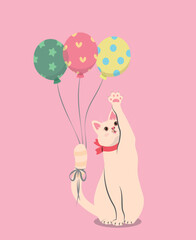 Hand drawing cartoon cat and colorful balloon vector illustration. Perfect for greeting card design, birthday card design, baby prints and baby shower.