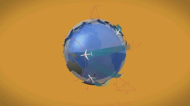Airplanes flying around globe with mathematical equations animation on orange background - Powered by Adobe