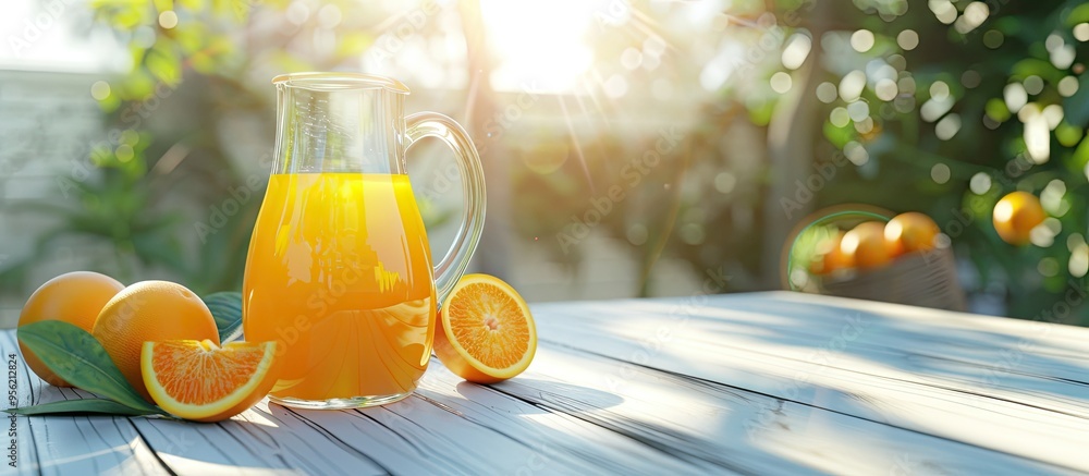 Aufkleber a clear glass jug of freshly squeezed orange juice placed on a white wooden table outside with room 