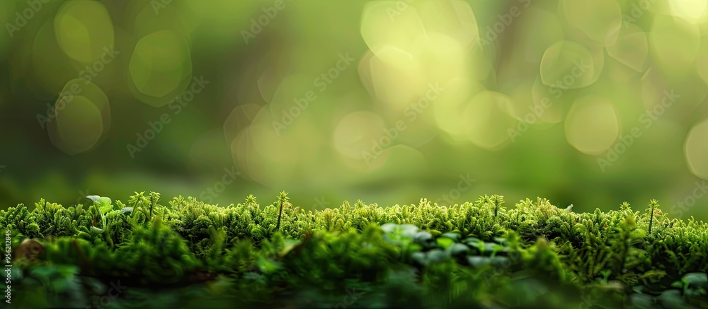 Poster close up view of blurred green moss background with copy space image