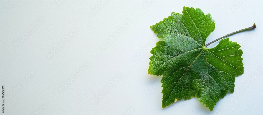 Poster a top down view of a green grape leaf on a blank white surface featuring an area for text with a bla