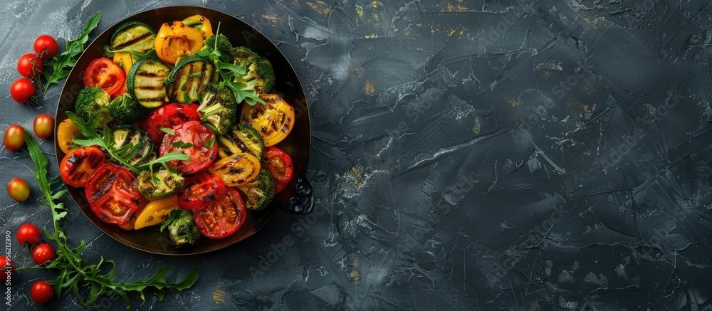 Poster colorful and healthy meal of mixed grilled vegetables on a pan displayed from above in a flat lay st