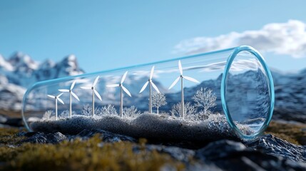 A glass tube mockup with intricate etchings of wind turbines and solar panels, symbolizing the use of renewable energy to combat global warming.