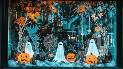 A window display featuring Halloween decorations like bats, ghosts, and spider webs.