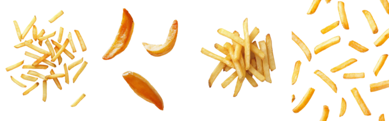 Potato fry falling on white background, clipping path, full depth of field