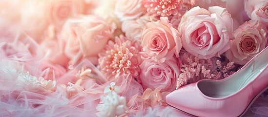 Pink wedding concept featuring a bouquet of roses and peonies amidst the bride s shoes captured with a soft focus allowing for copy space image