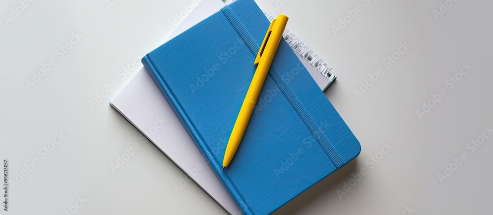Aufkleber flat lay composition of a blue notebook and a yellow pen on a white background suitable for school o