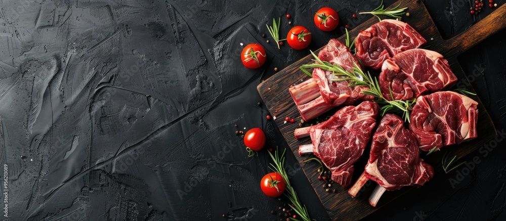 Aufkleber top view of raw lamb chops and fresh mutton cutlets on ribs with a dark background offering ample co