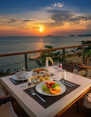 Fototapeta premium dinner at the beach,Luxury meal on table with sea with beautiful sunset,sunset, sea, sun, food, sky, sunrise, ocean, water, beach, nature