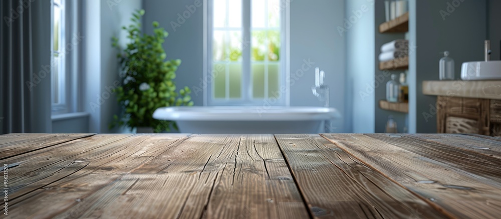 Poster a wooden table with no items on it and a blurred bathroom in the background perfect for a copy space