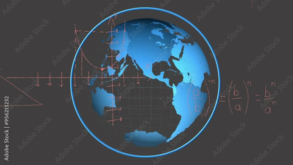 Poster mathematical equations and geometric shapes animation over rotating globe