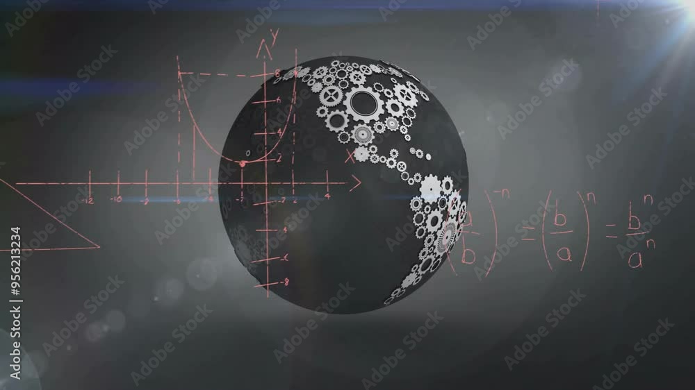 Poster mathematical equations and graphs animation over rotating black sphere with gears