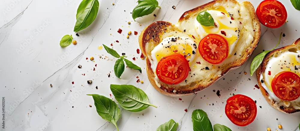 Poster top down view of melted cheese tomatoes and basil on toast set on a white tile surface with copy spa