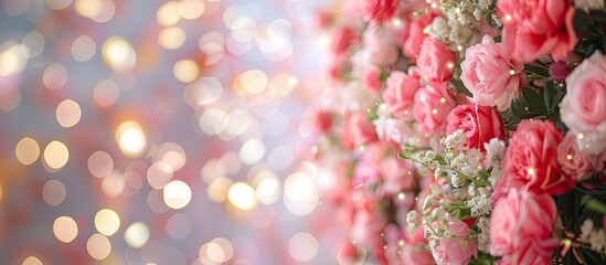 A soft pink wedding backdrop featuring blurred lights with space to add text is ideal for enhancing wedding event photography. with copyspace image