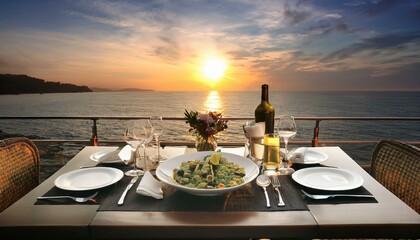 dinner at the beach,Luxury meal on table with sea with beautiful sunset,sunset, sea, sun, food, sky, sunrise, ocean, water, beach, nature