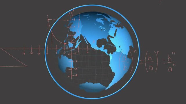 Mathematical equations and geometric shapes animation over rotating globe