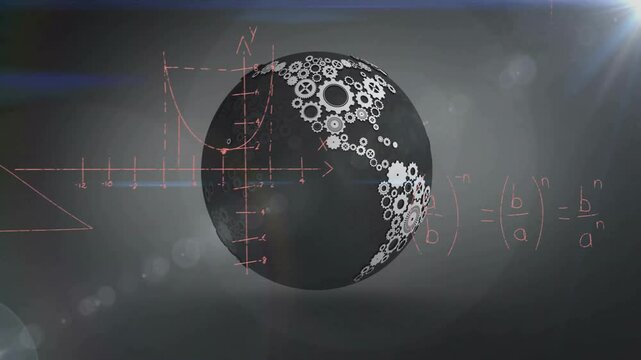 Mathematical equations and graphs animation over rotating black sphere with gears