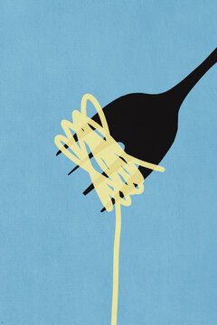 Illustration of fork with spaghetti noodles on blue background