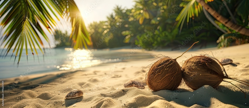 Poster coconuts drying on the sandy beach with copy space image