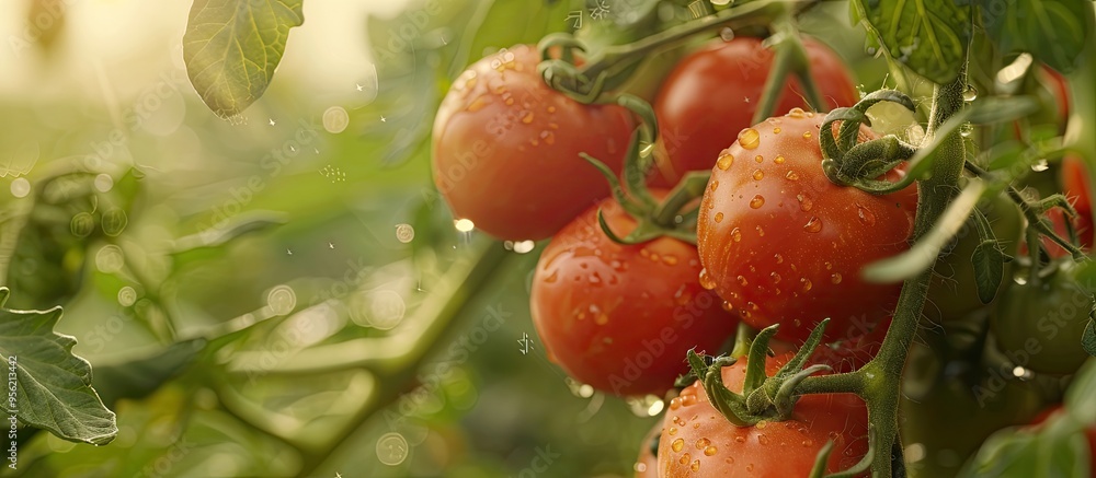 Poster macro photograph of fresh organic tomatoes growing on a vine at a local farm with room for text back