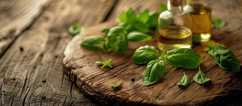 Poster fresh basil essential oil with leaves displayed on a textured wooden surface for aromatherapy featur