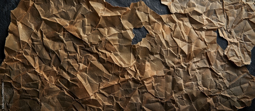 Poster brown recycle kraft paper crumpled texture cutouts displayed on a black background with copy space i