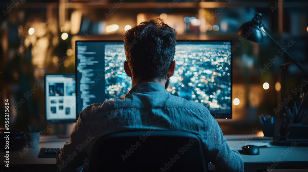 Poster a person working at a desk in a modern office with multiple screens displaying cityscape and code at