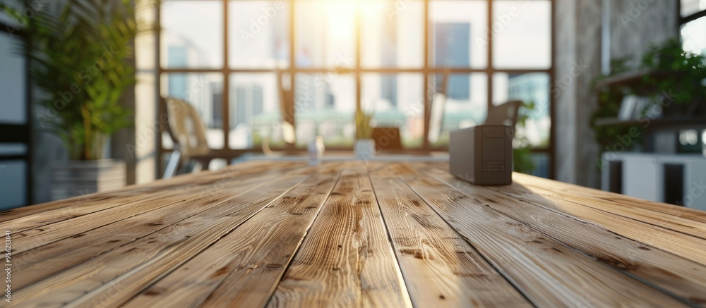 Poster modern office setting with a blurred background behind a wooden table top perfect for showcasing off