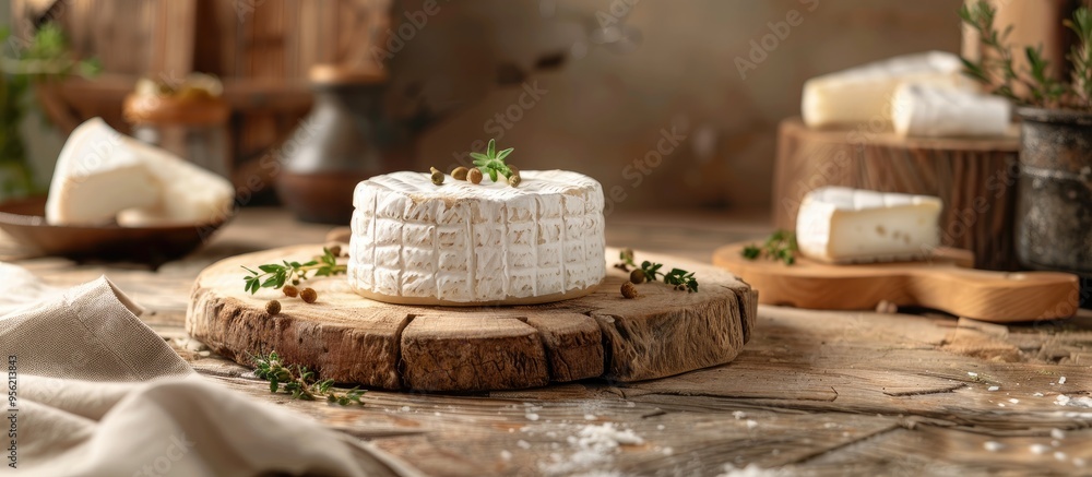 Poster an appetizing rustic meal featuring soft goat or sheep cheese made from natural milk served on a tab