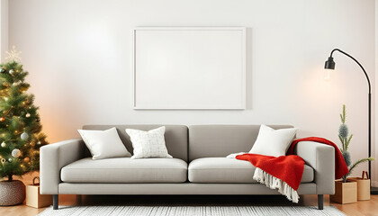 A modern living room with a gray sofa, white throw pillows, and a red blanket. There is a blank frame hanging on the wall above the sofa