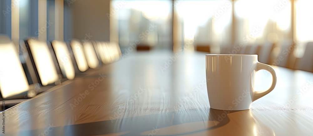 Poster closeup of a coffee cup on a table in an empty corporate conference room with a blank background sui