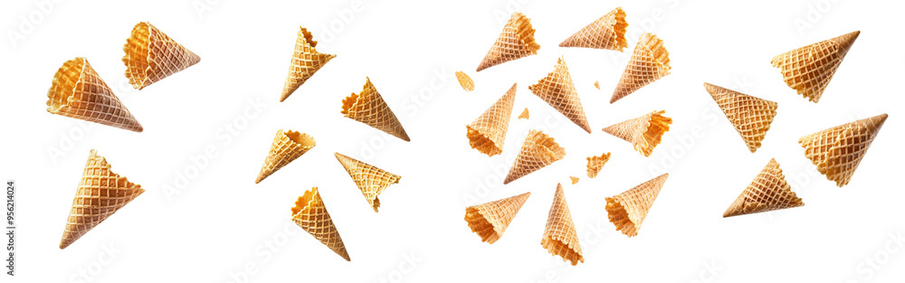 Aufkleber The empty cone of an ice cream cone is falling onto the white background in full depth of field, isolated from the background by a clipping path