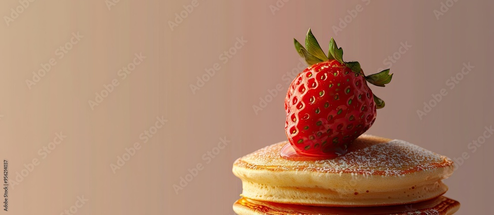 Poster close up of a stack of pancakes with a strawberry on top ideal for pictures or text placement with c