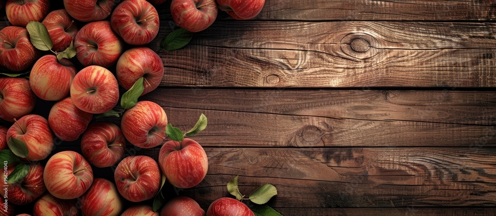 Poster view from above of fresh garden apples arranged in a circle on a wooden background in country style 