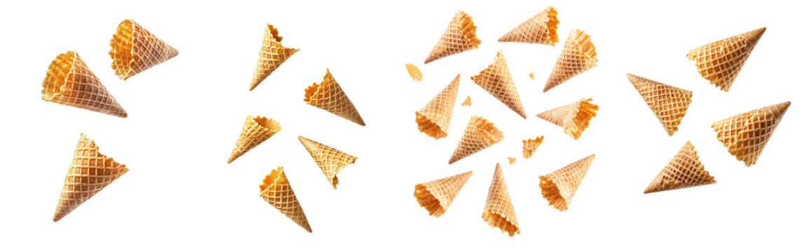 The empty cone of an ice cream cone is falling onto the white background in full depth of field, isolated from the background by a clipping path